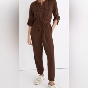 Madewell Brown 100% Cotton Gauze Pocket Coverall Romper Jumpsuit Women Size 14